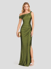 One Shoulder Asymmetric Ruched Satin Maxi Dress