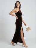 One Shoulder Draped Velvet Gown With Chain Accent
