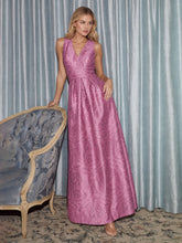 Opulent Jacquard Sash-Waist Gown