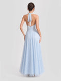 Plunge Halter Lace Maxi Dress