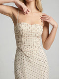 Polka Dot Mesh Ruched Bustier Midi Dress