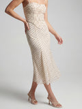 Polka Dot Mesh Ruched Bustier Midi Dress