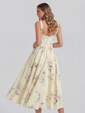 Retro Floral Bouquet Print Square Neck Midi Dress