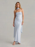 Ribbon Strapless Satin Maxi Dress with Cowl Tie