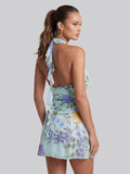 Romantic Backless Floral Printed Halter Mini Dress