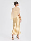 Romantic Drape Asymmetric Cape Satin Maxi Dress