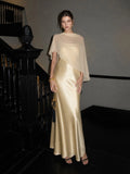 Romantic Drape Asymmetric Cape Satin Maxi Dress
