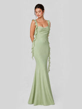 Ruffle Straps & Open Back Satin Maxi Dress
