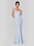 Ruffle Straps & Open Back Satin Maxi Dress