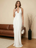 Sculpted Cascade Draped Stretchy Halter Gown