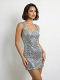 Glittering Sleeveless Square-Neck Sequin Mini Dress