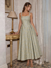 Square Neckline Floral Jacquard Midi Dress