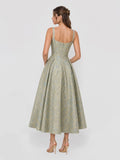 Square Neckline Floral Jacquard Midi Dress