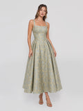 Square Neckline Floral Jacquard Midi Dress