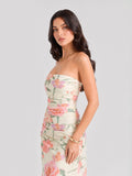 Strapless Floral Mesh Ruched Maxi Dress