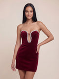 Strapless Plunging Sweetheart Bodycon Velvet Mini Dress