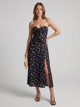 Strapless Polka Dot Ruffle Midi Dress