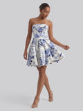 Toile de Jouy Blue and White Floral Bandeau Mini Dress