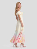 Watercolor-Ombré Puff Sleeve Maxi Dress