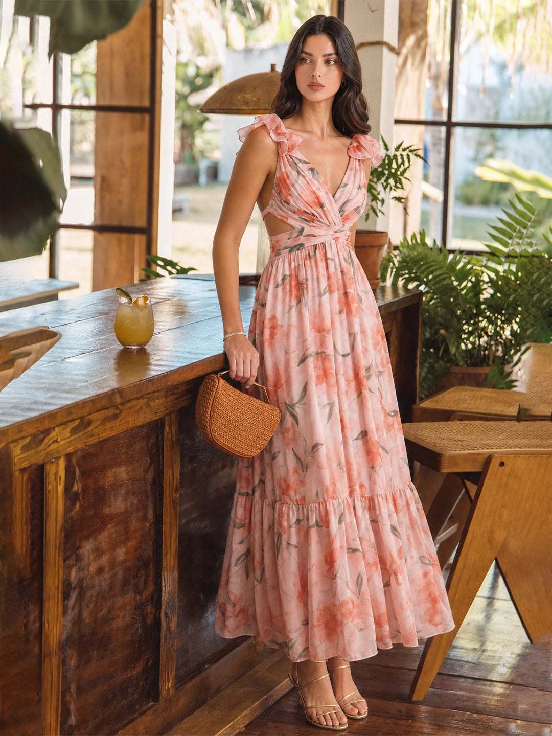 Watercolor Floral Cut-out Maxi Dress with Ruffle Shoulders | Amperto Watercolor Floral Cut-out Maxi Dress with Ruffle Shoulders | Amperto