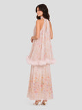 Watercolor Floral Halter Gown with Floral Trim