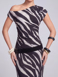 Zebra Printed Mesh Asym Neck Maxi Dress