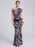 Zebra Printed Mesh Asym Neck Maxi Dress