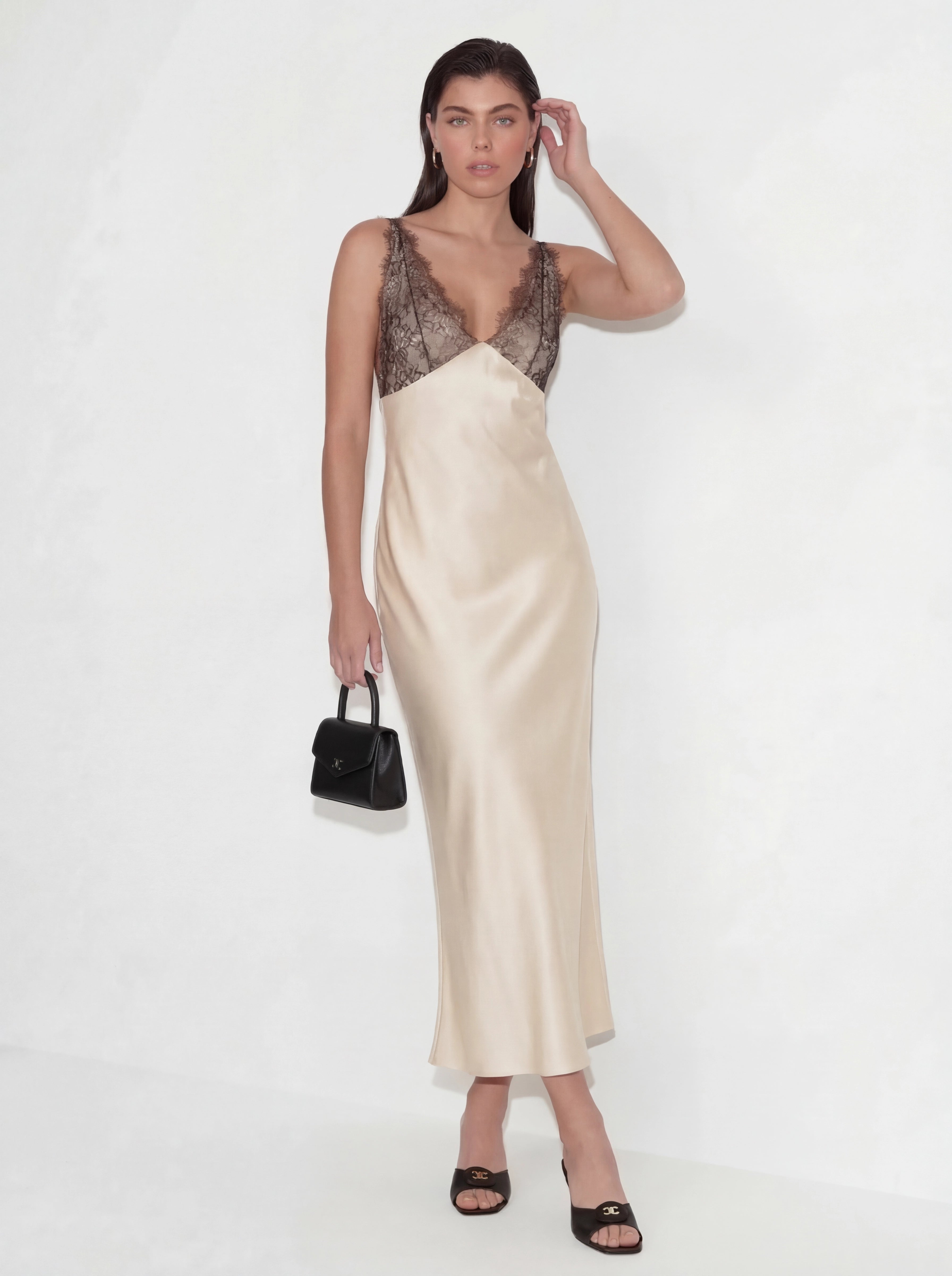 Elegant Lace-Paneled Satin Midi Dress