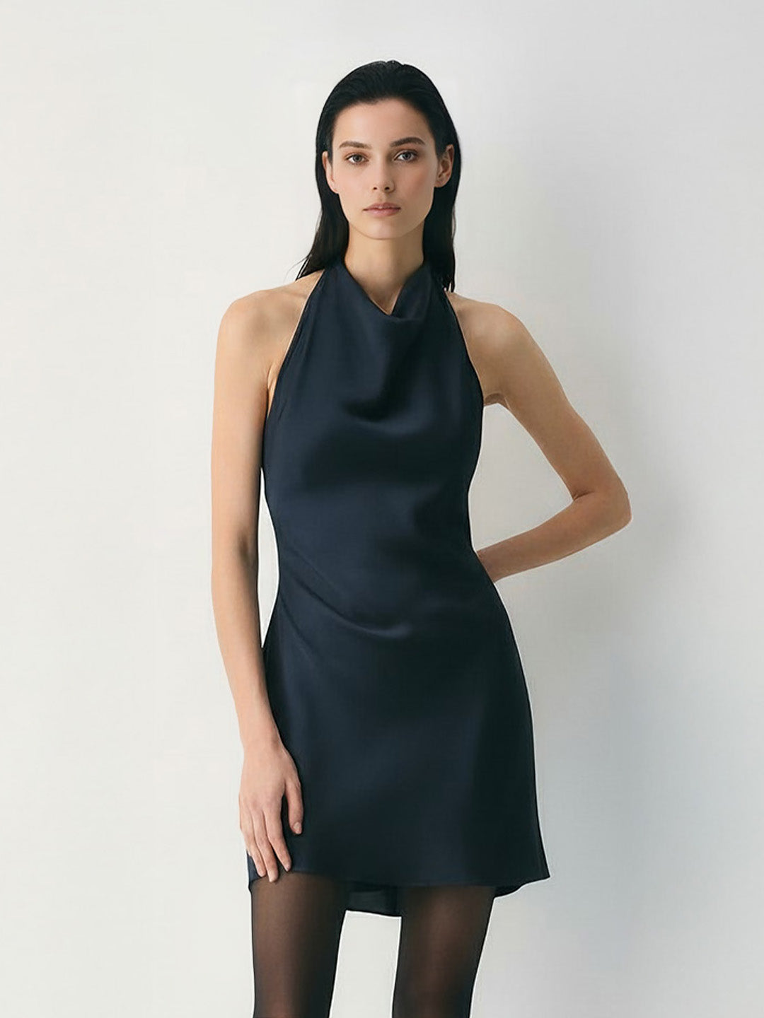Sleek Bias-Cut Satin Halterneck Mini Dress