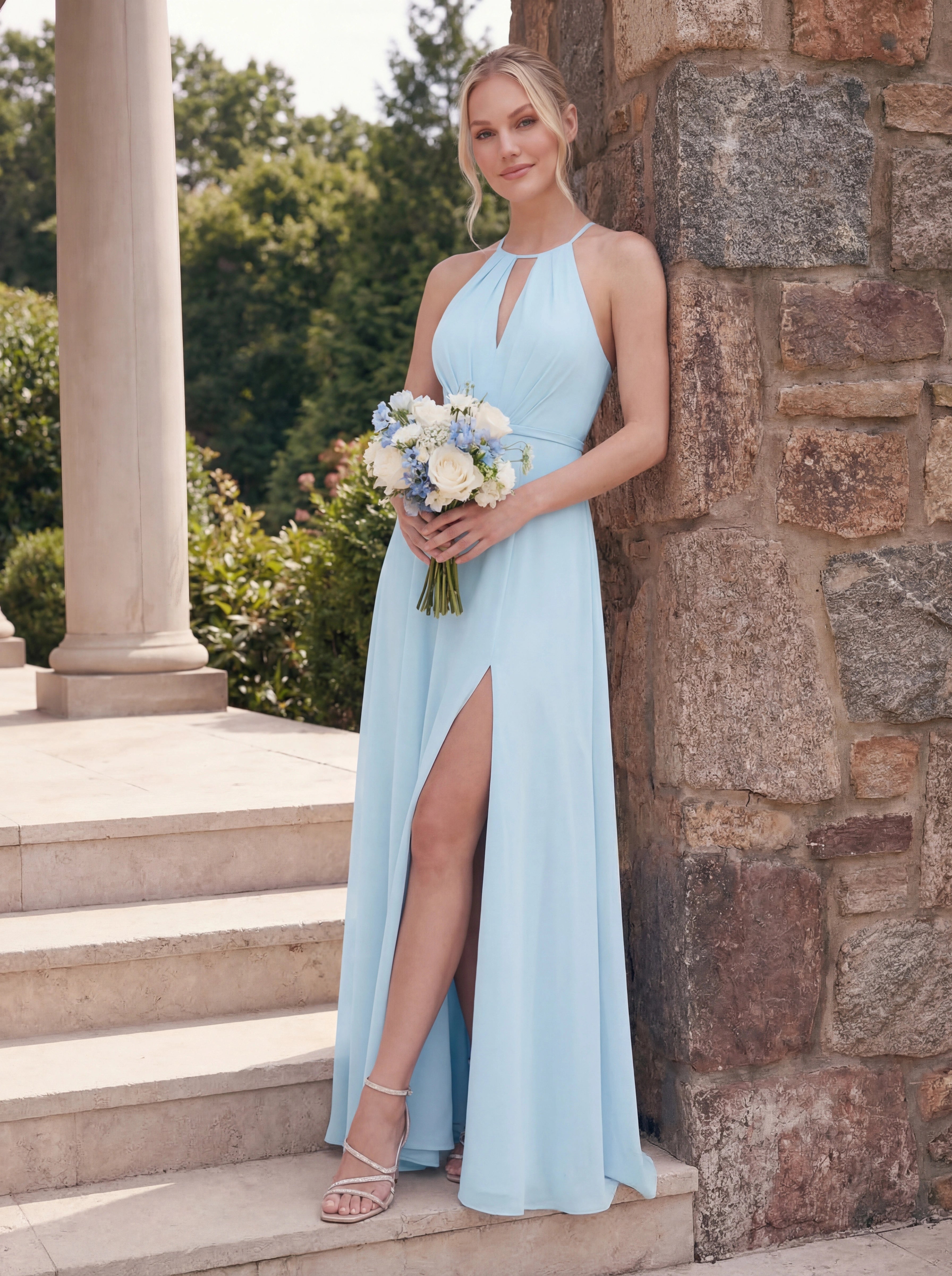 Deep V Front & Back Bow A-Line Chiffon Dress