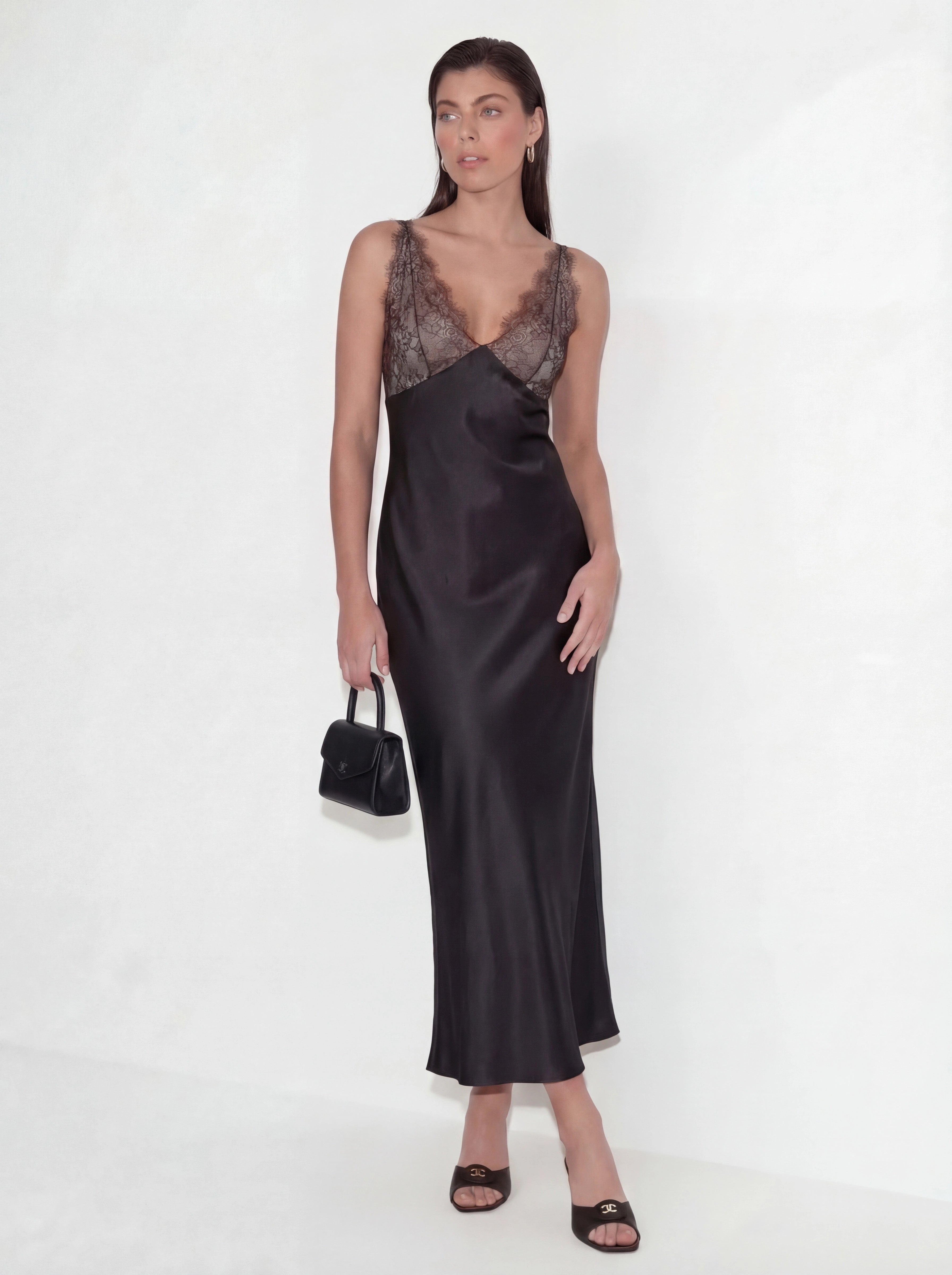 Elegant Lace-Paneled Satin Midi Dress