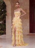 Floral Chiffon Bandeau Prom Gown