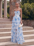 Floral A-line Printed Prom Dress with Tiered Ruffles