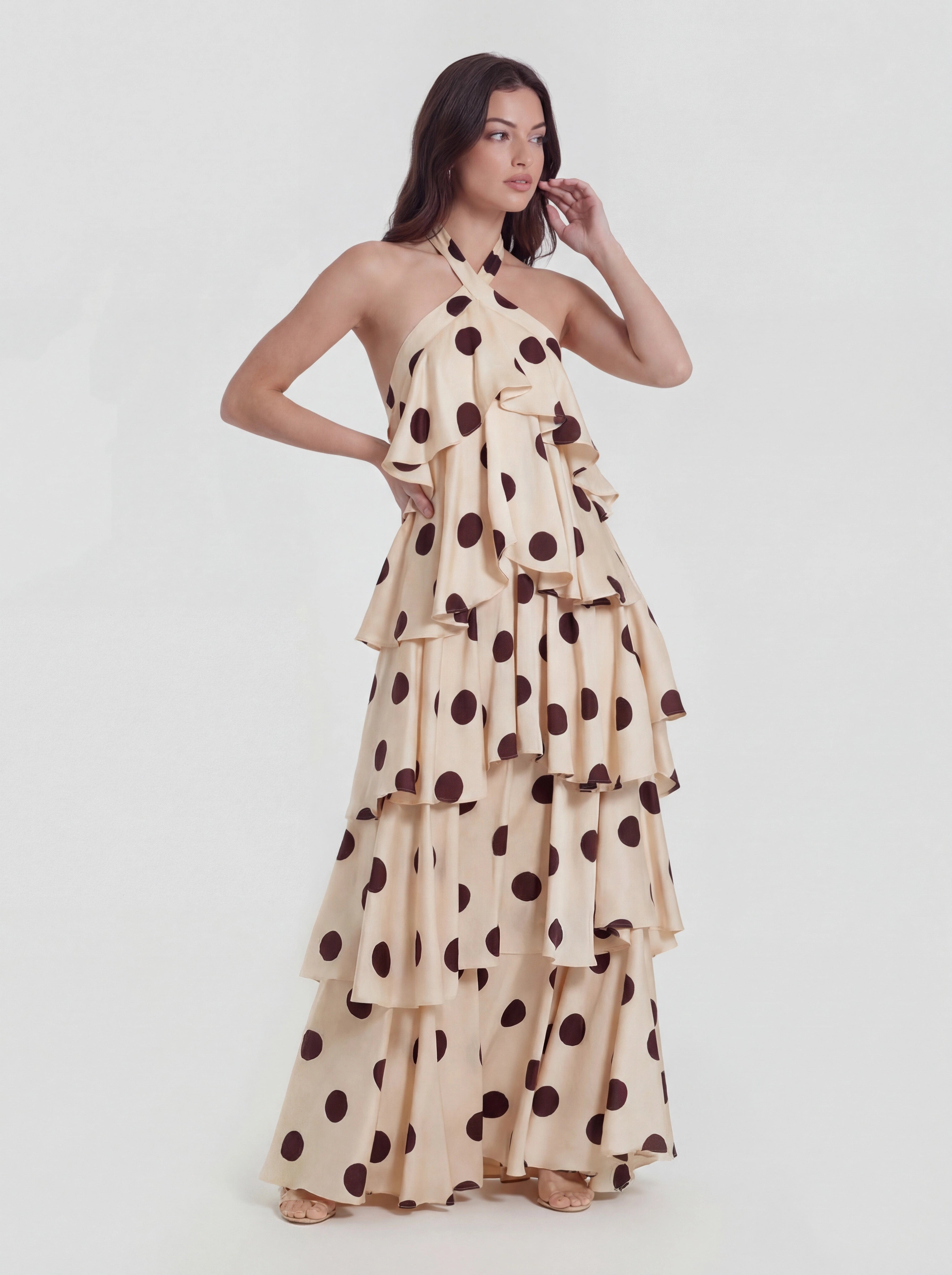 Tiered Ruffle Polka Dot Stain Gown