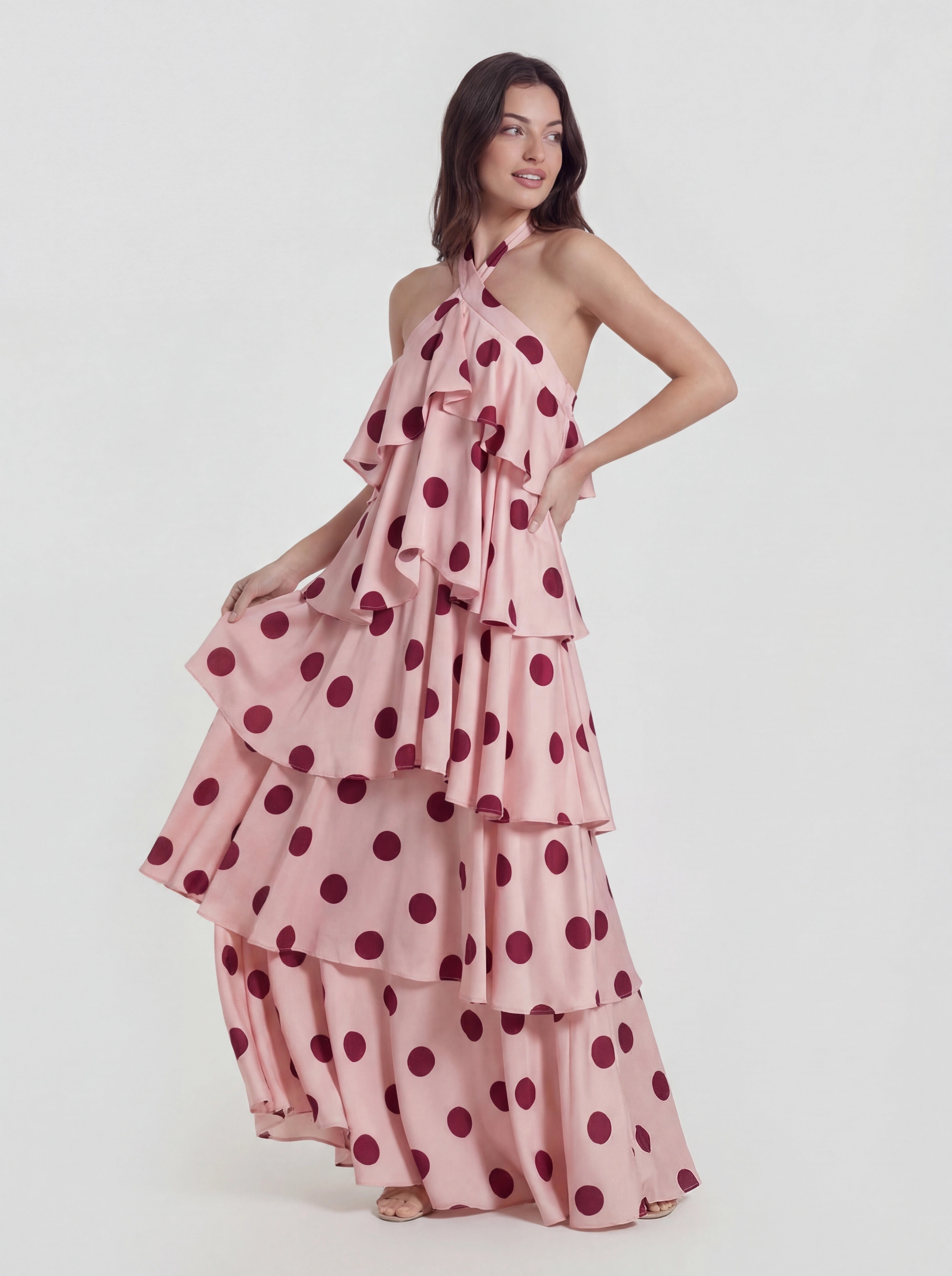 Tiered Ruffle Polka Dot Stain Gown