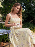 Retro Floral Bouquet Print Square Neck Midi Dress