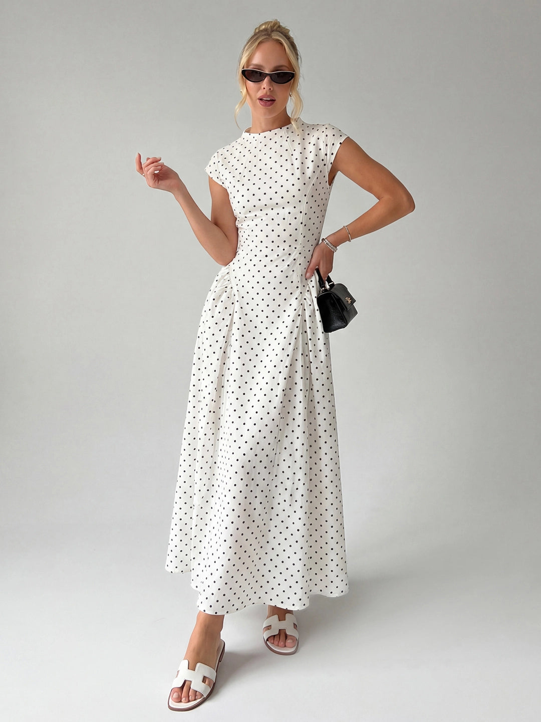 Polka Dot Cap Sleeve Drop-Waist Maxi Dress