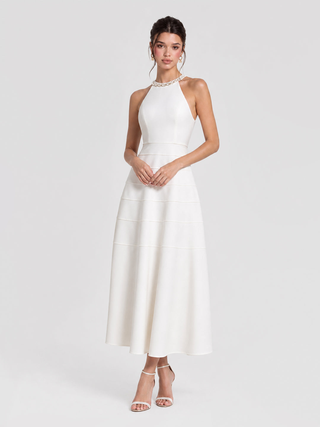 White Pearl Embellished Halter A-Line Midi Dress