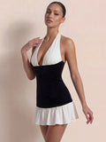 Valentine's Day Exclusive - Asymmetric Ruffle Hem Two Tone Velvet Mini Dress