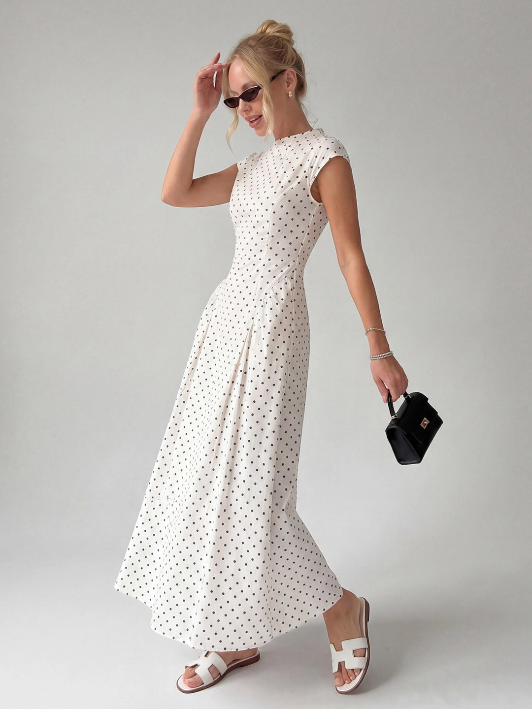 Polka Dot Cap Sleeve Drop-Waist Maxi Dress