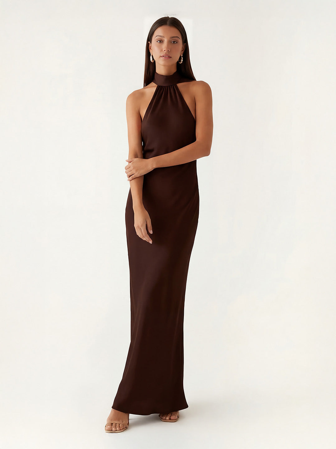Luxe Bias-Cut Scarf Halter-Back Maxi Dress