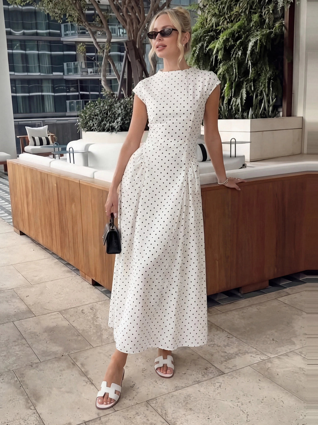 Polka Dot Cap Sleeve Drop-Waist Maxi Dress