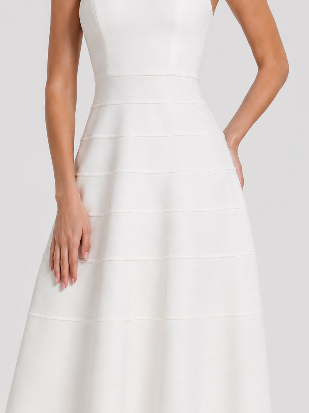 White Pearl Embellished Halter A-Line Midi Dress