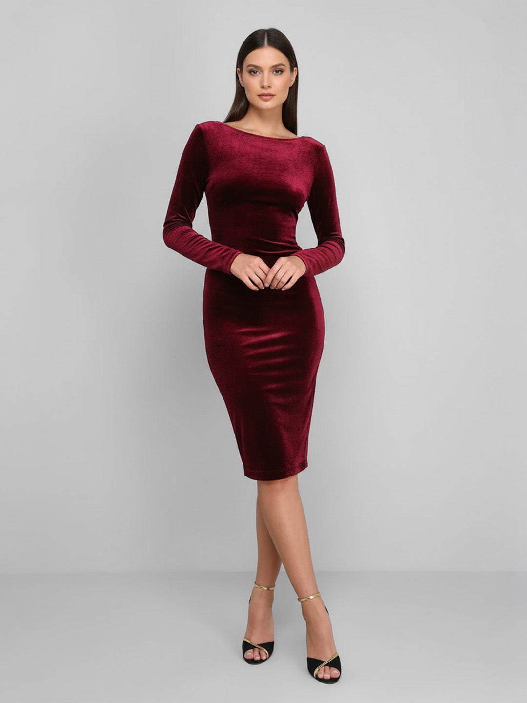 Velvet Backless Long Sleeve Midi Dress
