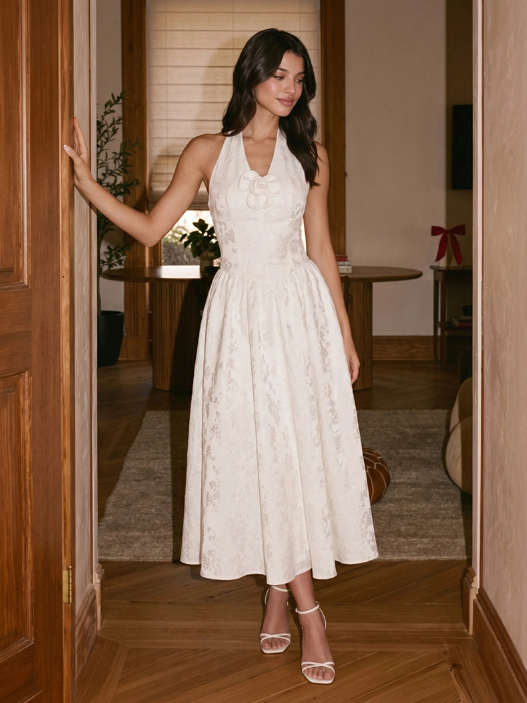 Embossed Jacquard Halter Midi Dress