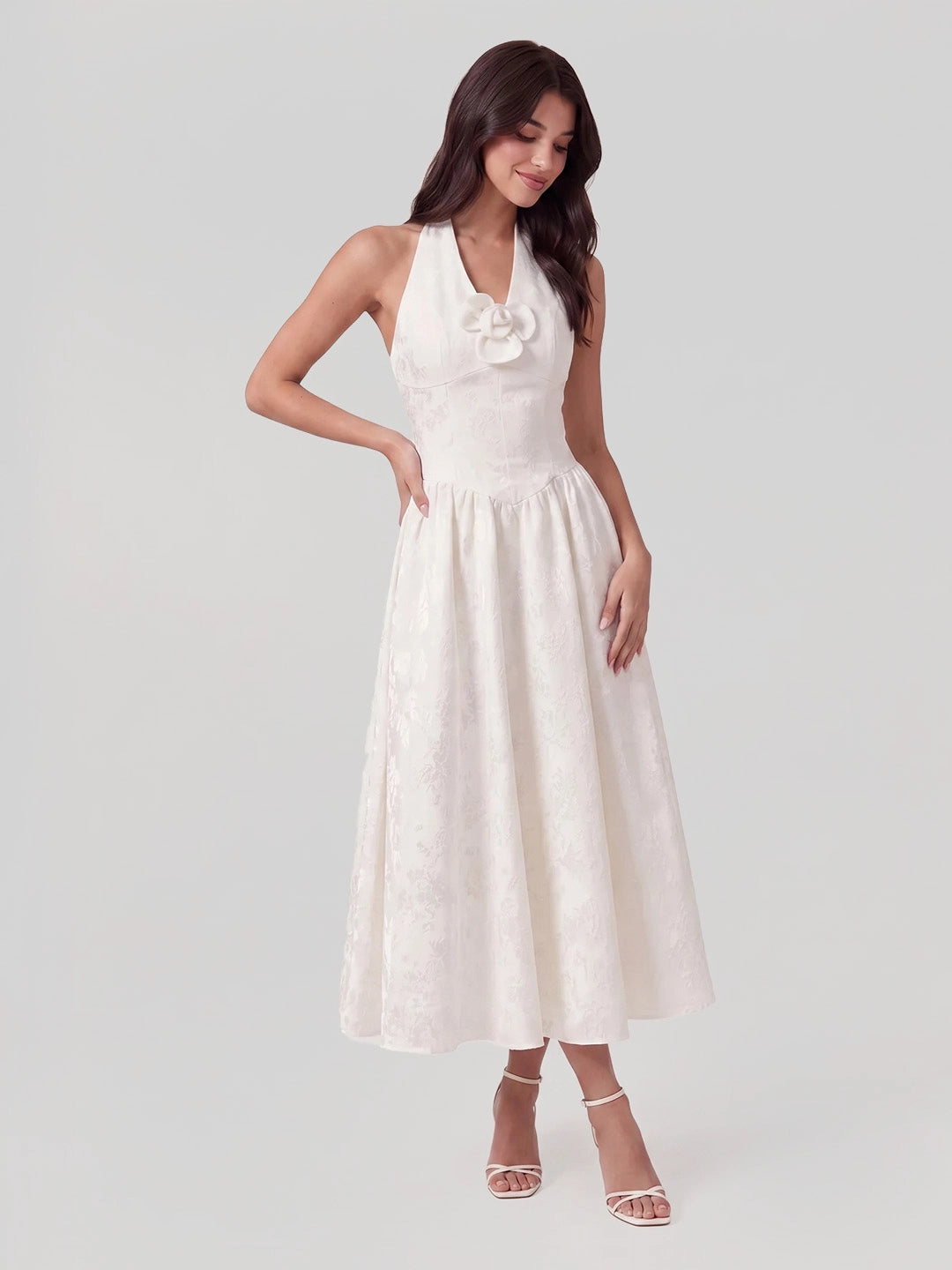 Embossed Jacquard Halter Midi Dress