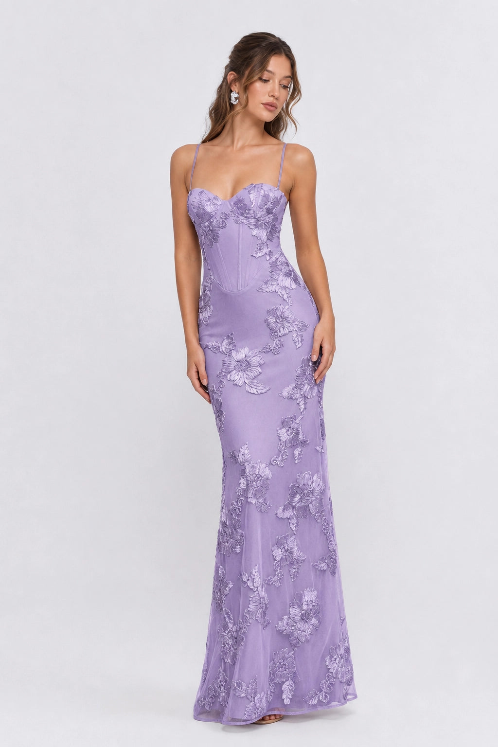 embellished corset dress 3D Floral Appliqué Corset Maxi Gown with Lace-Up Back