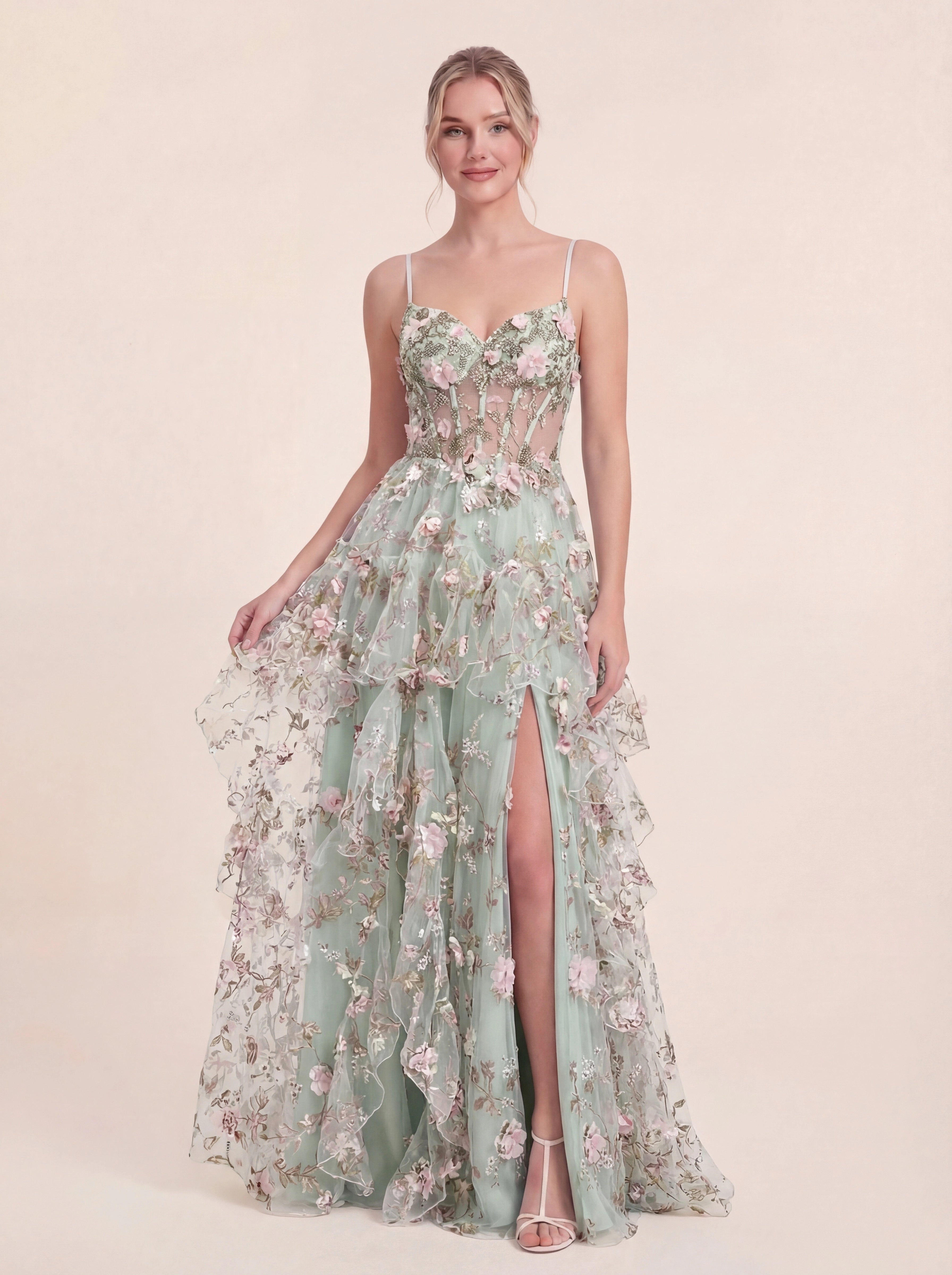 3D Floral Appliqués Strapless Evening Gown