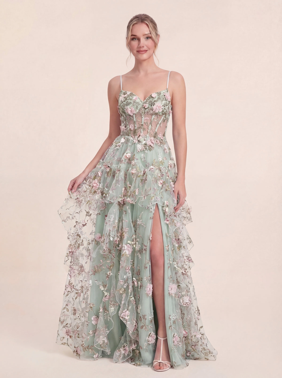 3D Floral Appliqués Strapless Evening Gown