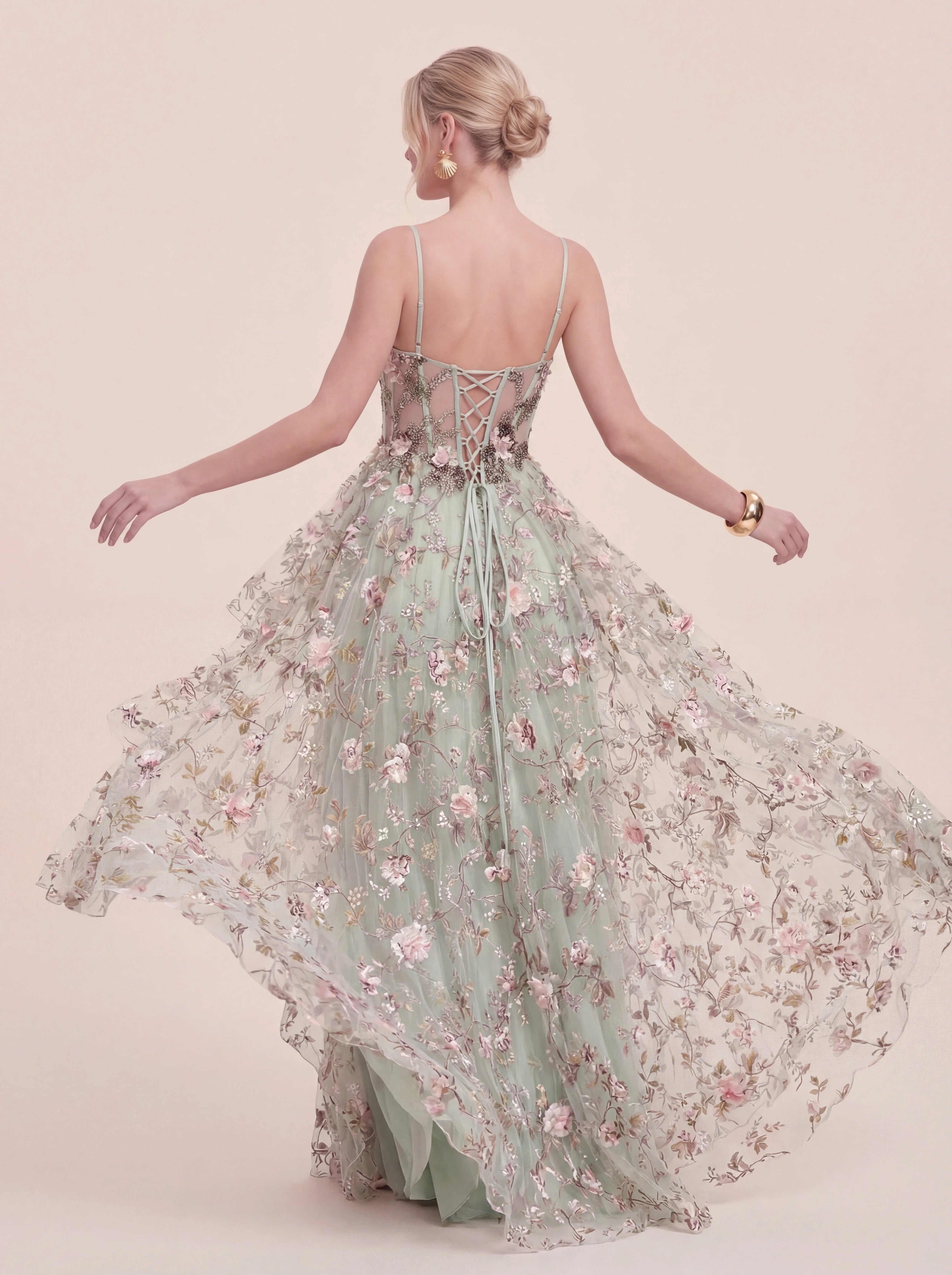 3D Floral Appliqués Strapless Evening Gown